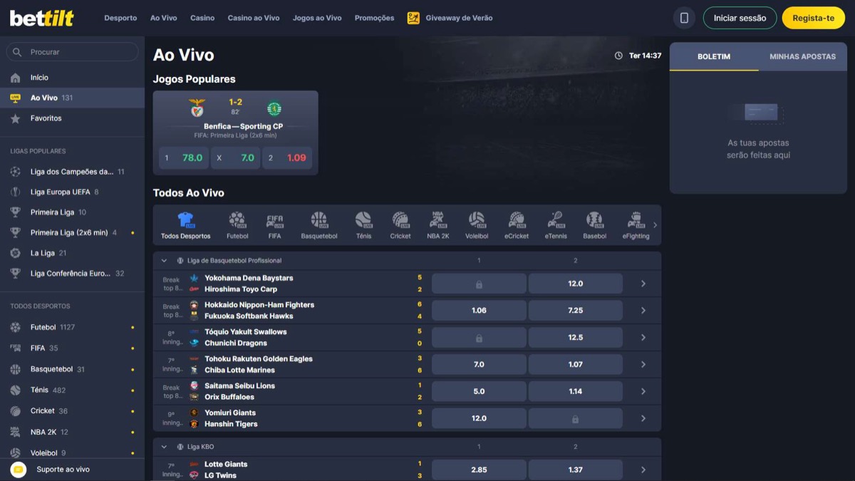Bettilt canlı casino ve spor bahis ekranı